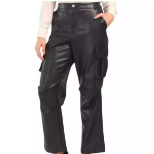 7 For All Mankind Faux Leather Cargo Straight Leg Pants Black Pockets High Rise